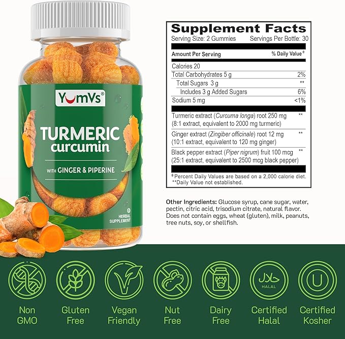 Curcumin Turmeric Gummies – Extra Strength 2000mg 8:1 Extract Turmeric Supplement Gummies with Black Pepper & Ginger – Vegan Non-GMO Joint Support Chewables – Peach Flavor, 60 Count