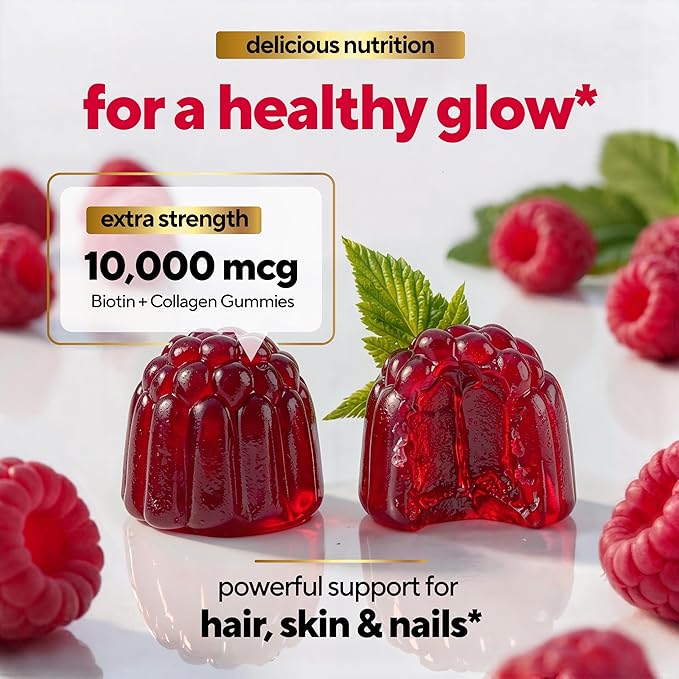 Biotin Gummies 10000mcg for Women and Men - Extra Strength Hair, Skin and Nails Gummies with Collagen - Natural Biotin Gummy Supplement for Hair, Skin, Nails Support - 60 ct