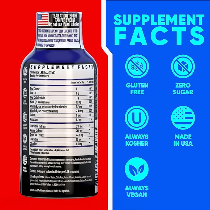 Vitamin Energy Immune+ Extra Strength Energy Shot Blue Raspberry 24 Pack, 260mg Natural Caffeine, B-Vitamins, Citicoline, Green Tea, Immunity & Focus Support, Zero Sugar, Gluten-Free 1.93 fl oz