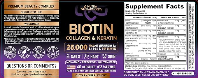 NUTRAHARMONY Biotin | Collagen | Hyaluronic Acid | Keratin - Support Normal Hair Growth Cycle - Skin & Nails - 25000mcg Vitamins B1, B2, B3, B6 & B7 - for Women & Men - Made in USA | 60 Capsules