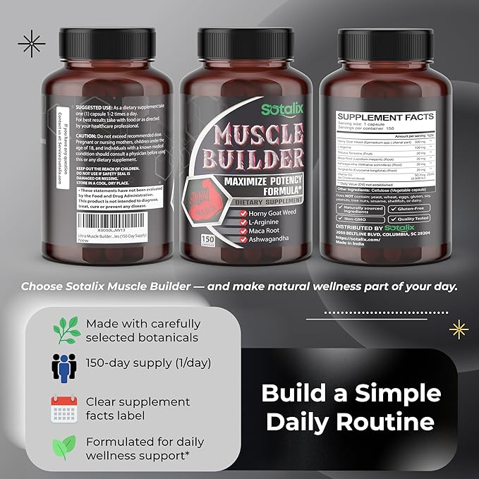 Ultra Muscle Builder Supplement with L-Arginine & Tribulus – Sports Training Support – 150 Capsules (150-Day Supply)