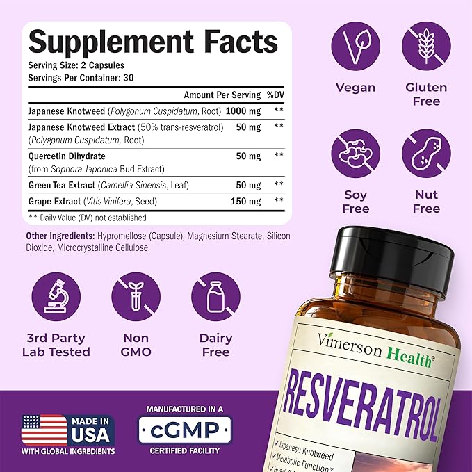 Japanese Knotweed Capsules - Resveratrol Supplement with 1000mg Japanese Knotweed, Green Tea Extract, Quercetin, Grape Extract. Potent Antioxidant for Healthy Aging & Cardiovascular Support. 60 Caps