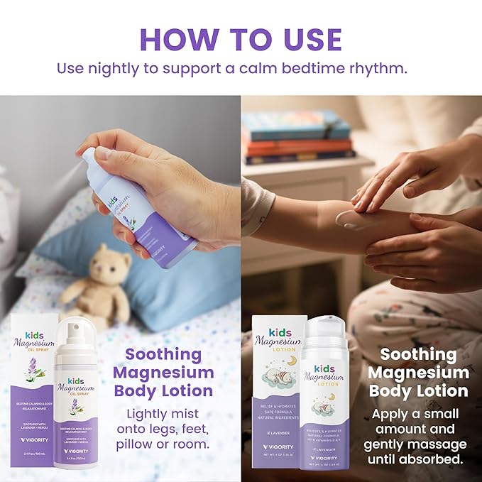 Kids Magnesium Lotion & Magnesium Sleep Spray Set - Calming Lavender Magnesium Oil Spray for Kids Bedtime + Soothing Body Lotion for Nighttime Legs & Feet Comfort, Aromatherapy Lavender & Neroli