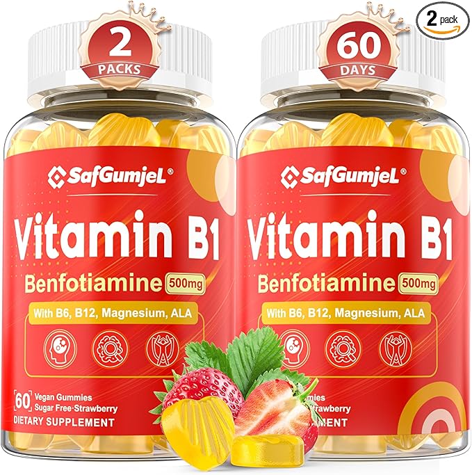 Vitamin B1(Benfotiamine) Gummies 500mg – B1 B6 B12 Vitamins with Magnesium for Energy Metabolism, Healthy Nervous System – Chewable B Complex for Adults & Kids - Vegan, Sugar Free, 120 Ct