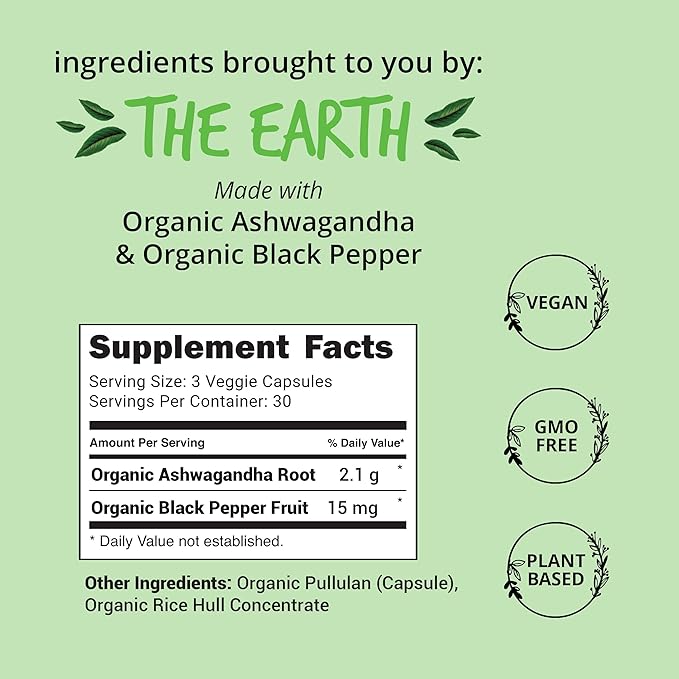 Organic Ashwagandha Capsules 2100mg – Stress Relief Supplement – Extra Strength, 100% Herbal, Energy, Mood & Cortisol Manager, Includes Black Pepper for High Absorption – Non-GMO, 90 Ct