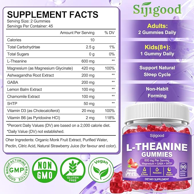 180 Count | L-Theanine Gummies for Kids & Adults - L Theanine Supplements with Ashwagandha, GABA & 5HTP - Support Natural Relaxation, Calm, Deep Zzz & Stress Relief, Strawberry Flavor