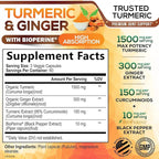 Turmeric Curcumin Supplement - 95% Curcuminoids with Organic Turmeric & Ginger, BioPerine Black Pepper Extract for Best Absorption, Natural Vegan Joint Support, Non-GMO, Bottled in USA - 180 Capsules