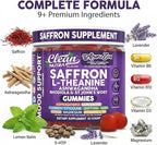 AuraZen Mood Support Saffron Gummies L-Theanine Ashwagandha Rhodiola St John's Wort Lions Mane GABA Vitamin D Magnesium Supplement | Calm Vegan Plant-Based Herbal Gummy By Clean Nutra