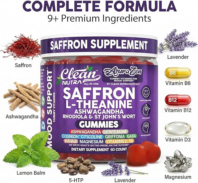 AuraZen Mood Support Saffron Gummies L-Theanine Ashwagandha Rhodiola St John's Wort Lions Mane GABA Vitamin D Magnesium Supplement | Calm Vegan Plant-Based Herbal Gummy By Clean Nutra