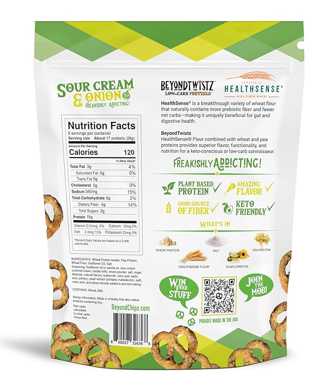 BeyondTwistz Low Carb Pretzels, Sour Cream and Onion, Keto Friendly, 2g Net Carbs, 18g Protein, Powered By HealthSense® High Fiber Wheat Flour, Family Size 8oz Bag, Pack of 1