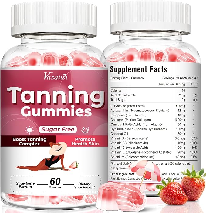 Sugar Free Tanning Gummies for Women, Supports Radiant Tan & Healthy Skin, Extra Strength with Astaxanthin Lycopene Beta Carotene and Vitamins - Supports Faster Tanning, Strawberry Flavored, 60 Count