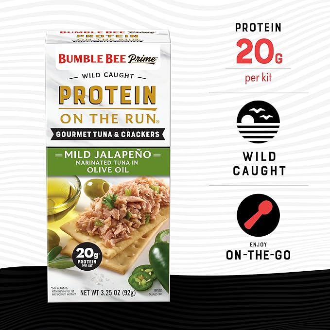 Bumble Bee Prime Protein on the Run Tuna Snack Kit - Gourmet Tuna Marinated in Olive Oil & Mild Jalapeno with Crackers and Serving Utensil - 20g of Protein Per Serving, Easy Open Can