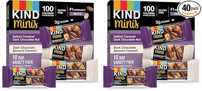 KIND Mini Nut Bars, Variety Pack, Salted Caramel Dark Chocolate Nut and Dark Chocolate Almond Coconut, Low Calorie Snacks, Gluten Free, Low Sugar, 2-3g Protein, 20 Count (Pack of 2)