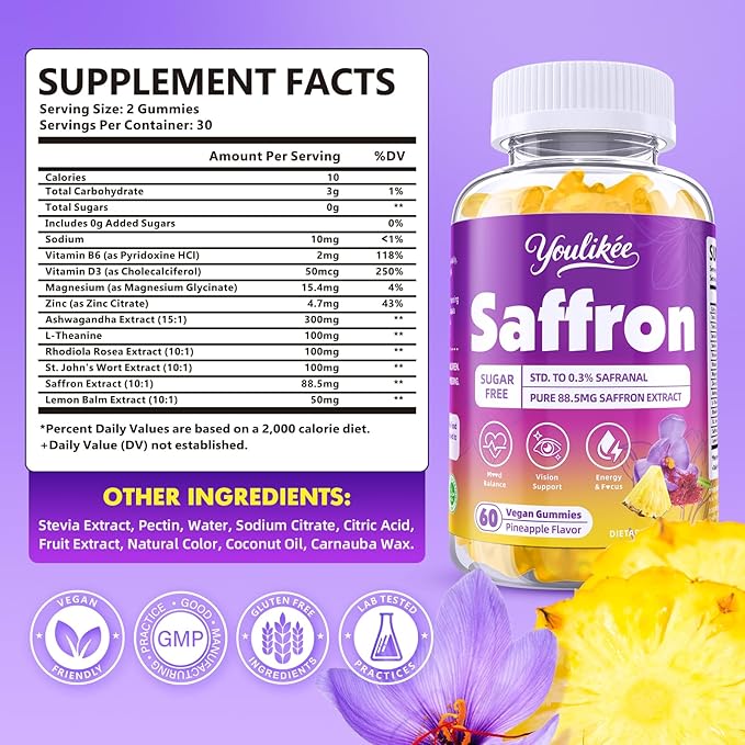 Saffron Gummies 88.5mg - Saffron Supplements with Magnesium, Rhodiola Rosea, Ashwagandha, L-Theanine, Vitamins D3 & B6, Zinc - Supports Antioxidant Function, Pineapple Flavor, 60 Count