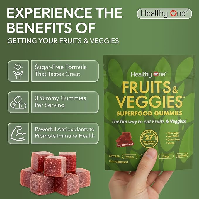 Fruits & Veggies Sugar-Free Gummies - 27 Whole Foods - Equals 3 Servings of Fruits & Vegetables - Improve Energy, Focus & Immune Function - Fiber - Antioxidants - Organic Ingredients - 28 Packets
