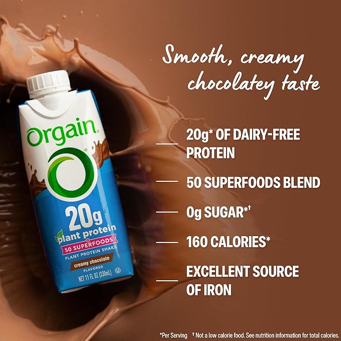 Orgain Vegan Protein Shake, Creamy Chocolate - 20g Plant Protein, Ready to Drink, 50 Superfoods, 0g Sugar, Gluten Free, No Artificial Sweeteners, No Soy or Dairy Ingredients, 11 Fl Oz (Pack of 12)