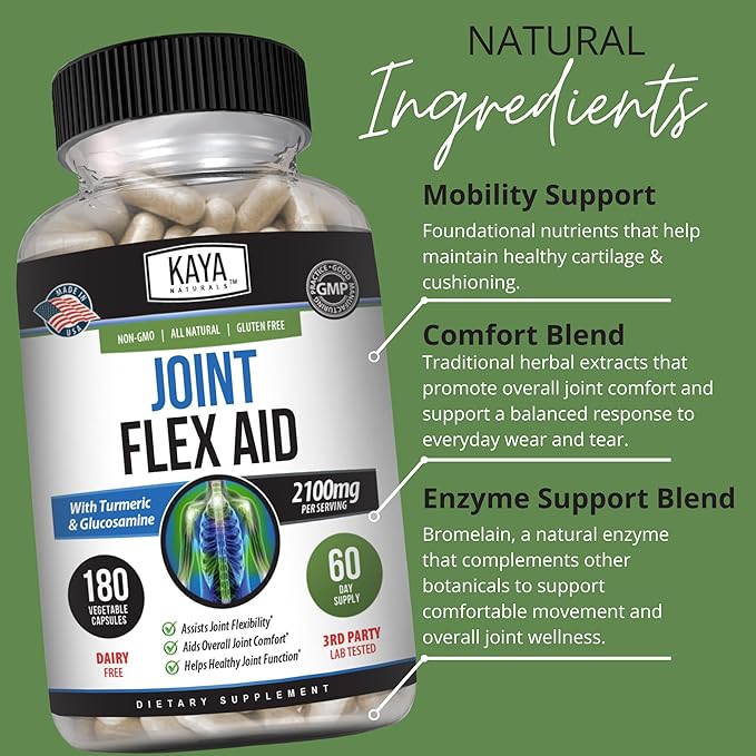 Kaya Naturals Flex Aid - Mobility Support Supplement for Men and Women - Turmeric Capsules with Glucosamine Sulfate, Boswellia Serrata and MSM - for Knee Support and Mobility Health - 180 Count