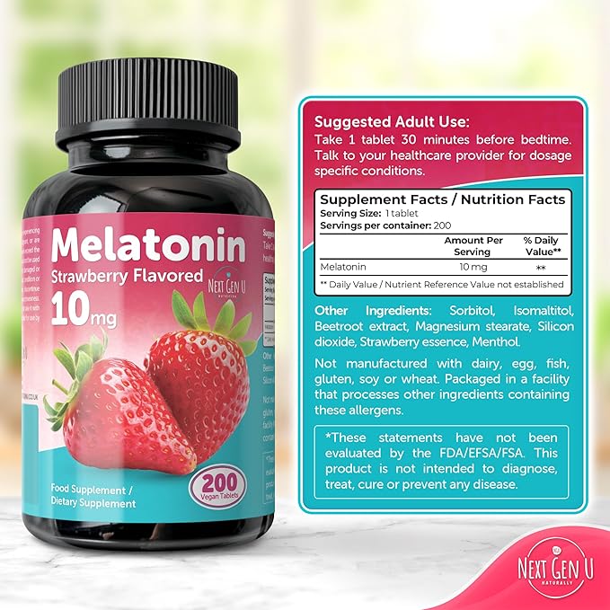 Melatonin Tablets - 10 mg Dietary Supplement - Strawberry Flavored - 200 Vegan Tablets - by NextGenU