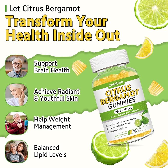 Citrus Bergamot Gummies, Citrus Bergamot Supplement for High Cholesterol, Cholesterol Lowering Supplement for Heart, Immune System & Healthy Aging Support, Sugar Free, Vegan, Lemon Flavor, 60 Count