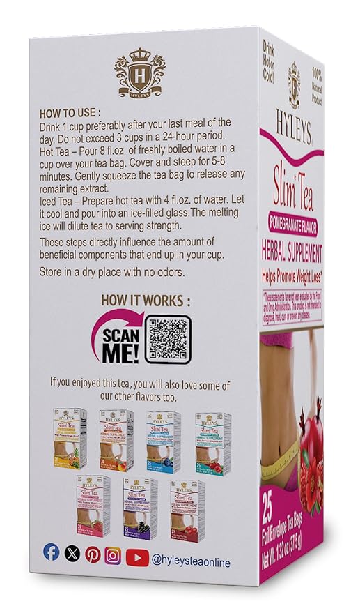Hyleys Slim Tea Pomegranate Flavor - Weight Loss Herbal Supplement Cleanse and Detox - 25 Tea Bags (6 Pack)