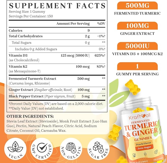 5 Month Supply Turmeric and Ginger Gummies with Black Pepper, Fermented Turmeric for Joint Comfort & Mobility, Sugar-Free with Vitamin D3 + K2, Natural Peach Flavor – 150 Gummies