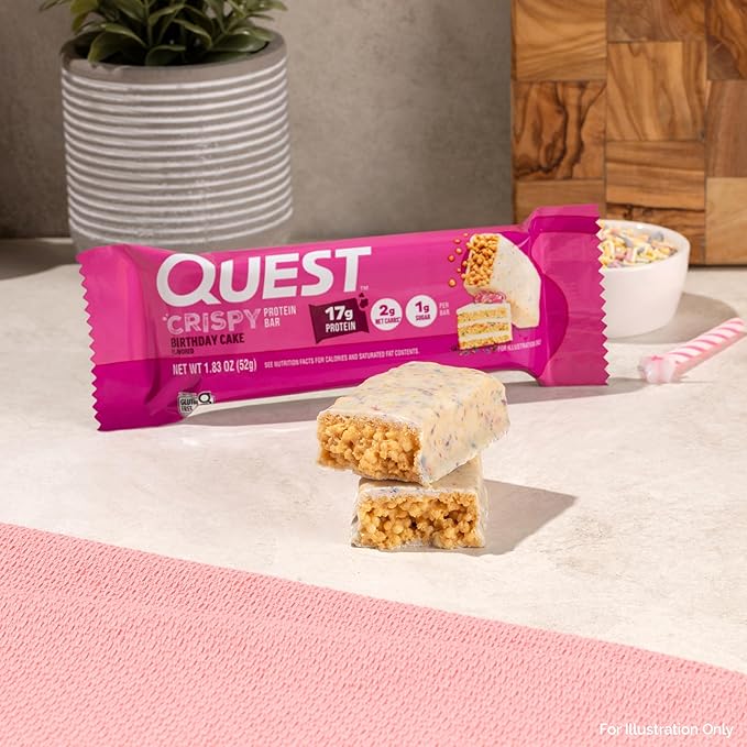 Quest Nutrition Crispy Birthday Cake Protein Bar, 17g Protein, 1g Sugar, 2g Net Carbs, Gluten Free Protein Snack, Keto Friendly, 12 Count