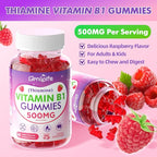 Vitamin B1 Gummies 500mg for Adults & Kids – High Potency Thiamine B1 Supplement for Energy & Nervous System Support, Sugar-Free, Raspberry Flavor, 60 Count