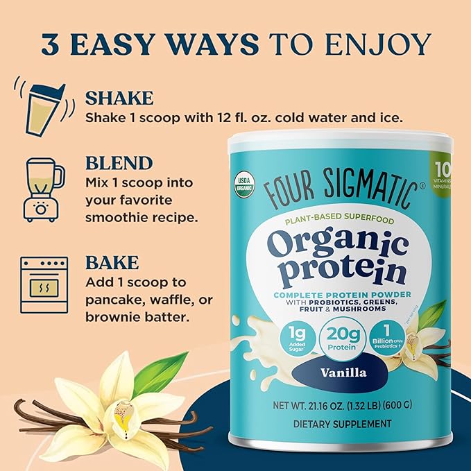 Four Sigmatic Organic Vegan Protein Powder | 18g Plant-Based Protein per Serving | Gluten Free, Dairy Free, Soy Free, Non-GMO with No Filler Ingredients | 21.16oz, 15 Servings | Vanilla