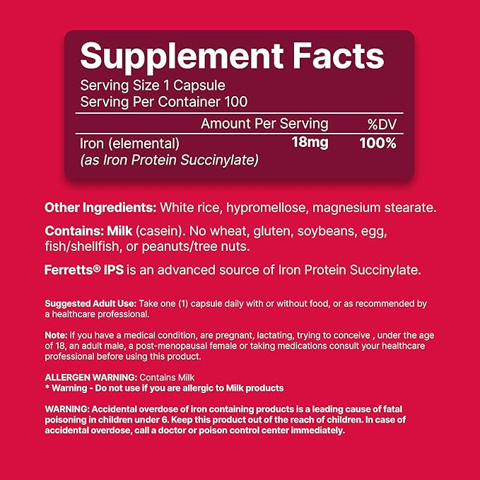 IPS Iron Supplement Capsules 18mg for Anemia - 100-Day Supply of Gentle Non-Constipating Iron for Women & Men
