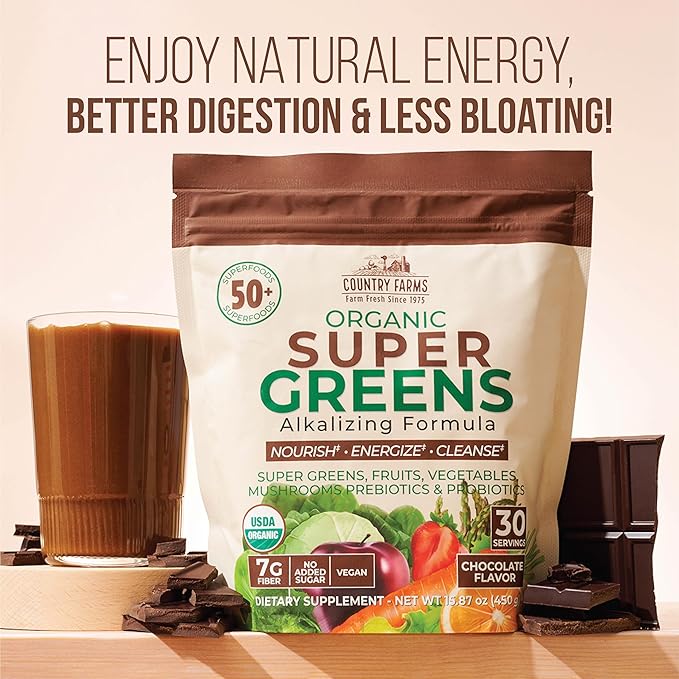 Country Farms Super Greens Chocolate Flavor, 50 Organic Super Foods, USDA Organic Drink Mix (Wheat Grass, Spirulina, Chlorella) Mushrooms & Probiotics, with Fiber, Natural Energy, 30 Servings