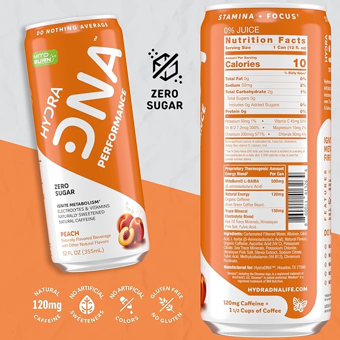 HYDRADNA- Clean Performance Drink, Zero Sugar | For Natural Fuel, Alertness, Boost, Stamina,120 mg Organic Caffeine, Natural Flavors, Zero Sucralose, Clean Ingredients (12 Pack) (12 Pack, Peach)