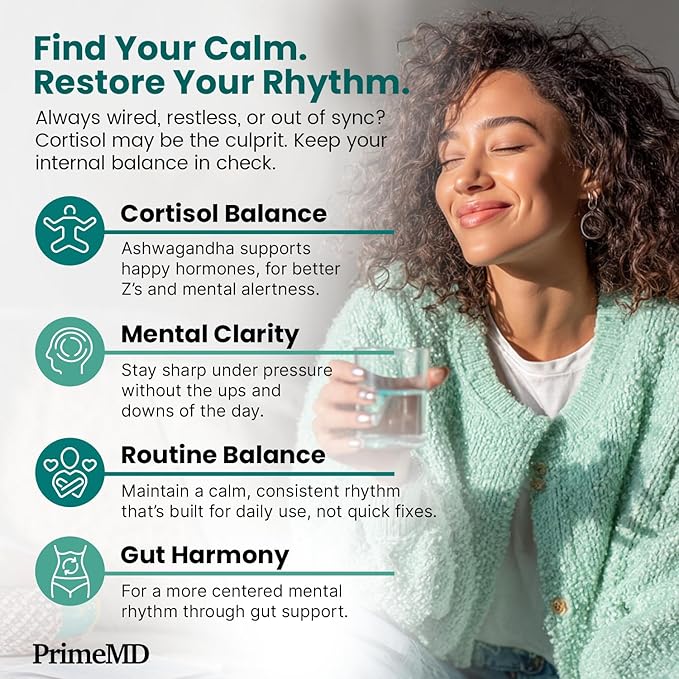 PrimeMD 5-in-1 Cortisol Supplement for Women and Men with Ashwagandha for Calmness, Focus, and Adrenal Support Supplements with Shilajit Extract, Magnesium Glycinate, Probiotics (120 ct) (Pack of 4)