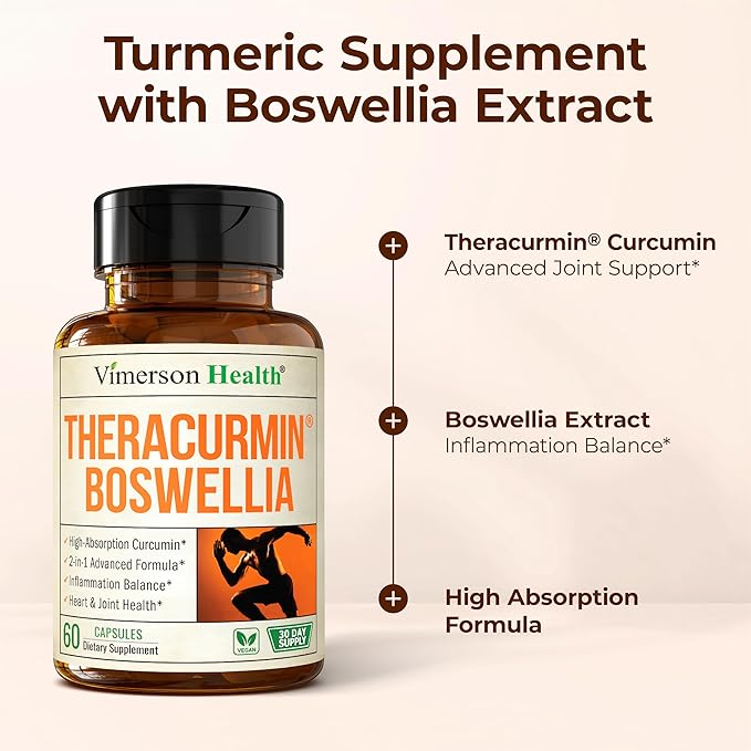 Advanced Turmeric Curcumin Supplement for Joint Support & Inflammation – Enhanced Absorption Theracurmin 600mg with Boswellia Serrata for Mobility & Recovery – Vegan, Gluten Free – 60 Capsules
