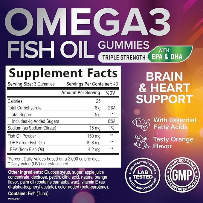 Omega 3 Fish Oil Gummies - 3X Strength Heart Health Support - High Absorption Omega 3 Fish Oil Gummy Supplement with DHA & EPA - Joint & Brain Support for Adults - Tasty Orange Flavor - 120 Gummies