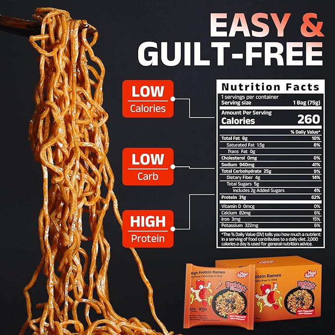 Healspot High Protein Spicy Buldak Noodles, Dry Tossed Ramen, 31g Plant-Based Protein, Low Fat, Low Carb, Non GMO, Keto Friendly & Plant Based (6 packs)