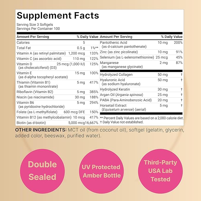 NatureBell Hair, Skin & Nails* Vitamins for Women – 5000mcg Biotin, Collagen, Keratin, Hyaluronic Acid, Argan Oil & B‑Complex – 21‑in‑1 Formula with MCT Oil, 300 Softgels (100 Days Supply)