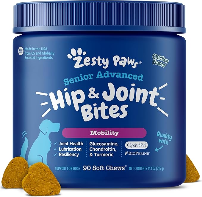 Zesty Paws Mobility Bites Joint Supplement for Dogs - Soft Chews with Glucosamine for Dogs, Chondroitin, & MSM + Vitamins C and E - Adv Chicken - 90 Count