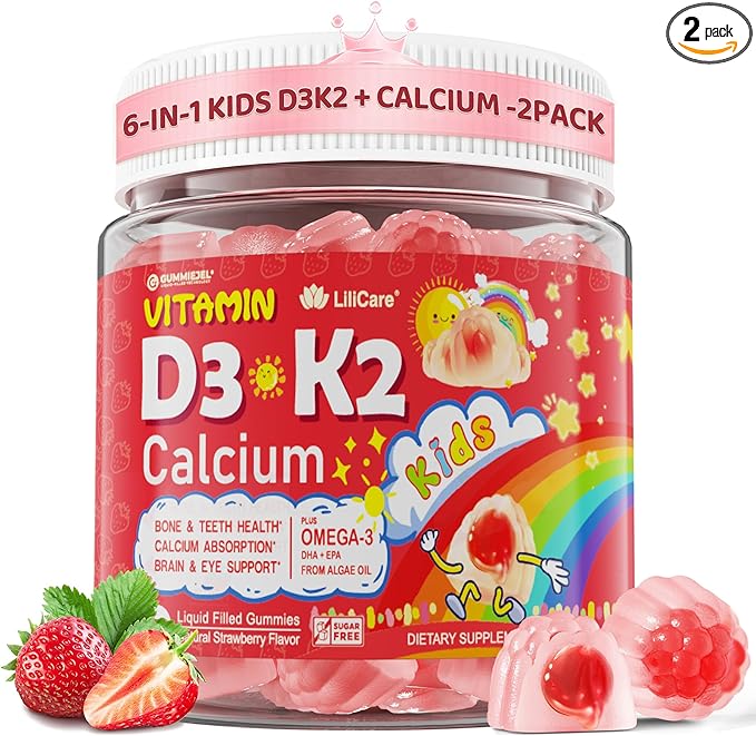 Vitamin D3 K2 + Calcium Liquid-filled Gummies for Kids & Teens, 1000IU / 2000IU D3 with Magnesium, Algal Omega 3, Kids Vitamins for Bones & Teeth, Calcium Absorption, Brain, Immune, Sugar-Free, 2Pack