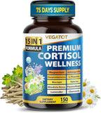 VEGATOT Organic Cortisol Wellness Complex 15-in-1 Formula with Magnesium Ashwagandha St. John's Wort Valerian Rhodiola Rosea Passionflower Chamomile