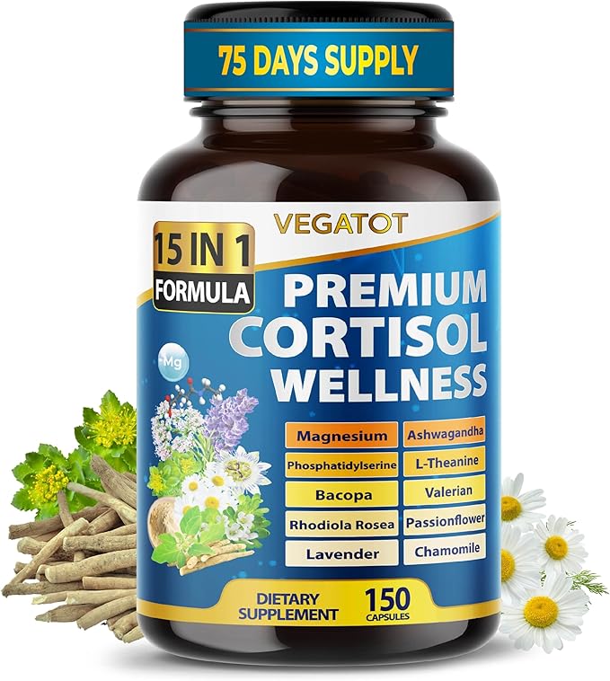 VEGATOT Organic Cortisol Wellness Complex 15-in-1 Formula with Magnesium Ashwagandha St. John's Wort Valerian Rhodiola Rosea Passionflower Chamomile