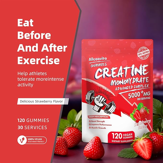 NSF Certified Creatine Gummy - Creatine Monohydrate Gummies 5000mg for Men & Women -120 Gummies Advanced Formula, Muscle Strength, Muscle Builder, Energy Boost, Pre-Workout Supplement-Strawberry