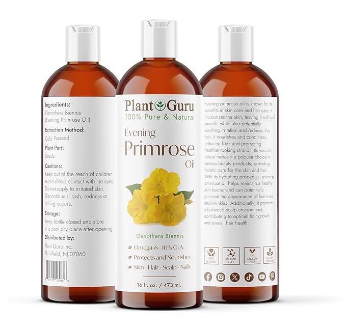 Plant Guru Evening Primrose Oil 16 fl. oz. Cold Pressed 100% Pure Natural Carrier - Skin, Face, Body and Hair Growth Moisturizer. Great For DYI Soap Making, Creams, and Lip balms.