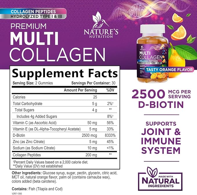 Collagen Peptides Gummies with 2500mcg Biotin Per Serving - Hair Growth, Skin & Nails Supplement - Hydrolyzed Collagen Multi Type I & III, Vitamin C for Immune Support, Orange Flavor, 60 Gummies