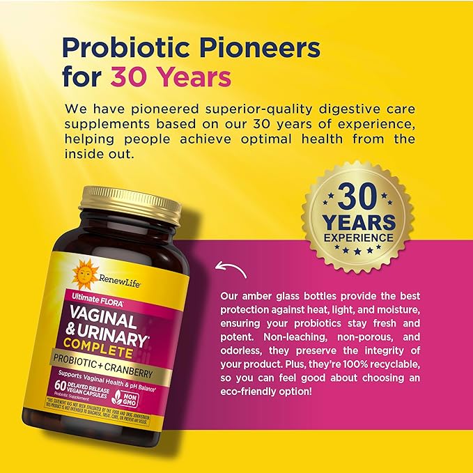 Renew Life Women's Wellness Vaginal and Urinary Probiotic and Cranberry Supplement, Probiotic Supplement for pH Balance for Women, Digestive Health, Dairy, Soy and Gluten-Free, 3.5 Billion CFU 60 Ct
