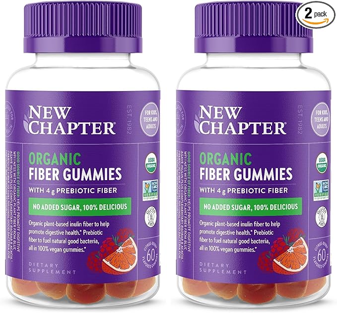 New Chapter Organic Fiber Gummies for Adults & Kids (Age 4+), Plant-Based Prebiotic Fiber for Digestive Health, Vegan, Non-GMO, USDA Organic, Gluten Free, Citrus-Berry Flavored, 60 ct, (Pack of 2)