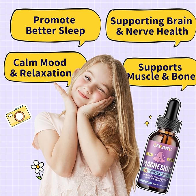 Kids Magnesium Liquid Drops-Magnesium Glycinate Liquid for Kids Supplement-w/L-theanine, Omega-3, Vitamin B6, D3 - for Sleep, Relaxation, Brain, Bones - Cherry Flavor, 2 Fl Oz