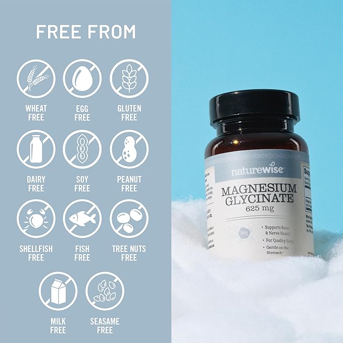 NatureWise Magnesium Glycinate 625 mg - High Absorption Chelated Magnesium Glycinate for Sleep, Relaxation, Muscle & Bones* - Gentle on Stomach, Vegan, Non-GMO - 30 Capsules[30-Day Supply]