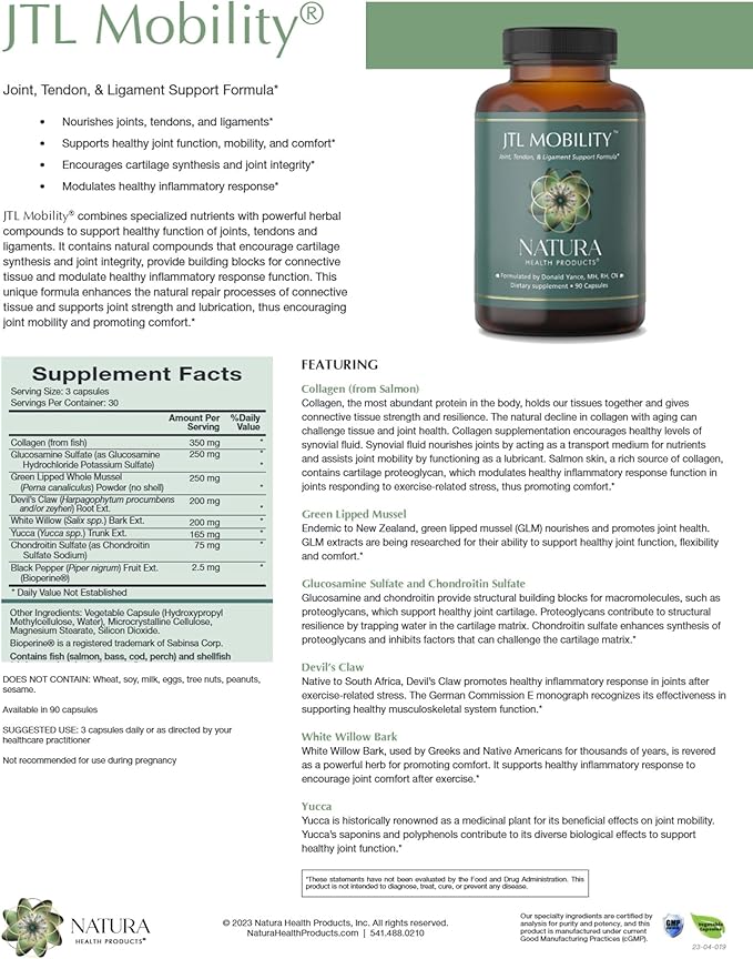 Natura Health Products JTL Mobility Supplement - Supports Healthy Joint Function, Mobility and Comfort - Featuring Collagen, Glucosamine Sulfate, Chondroitin Sulfate & White Willow (90 Capsules)