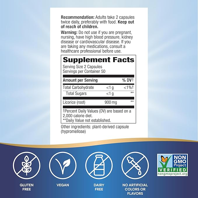 Nature's Way Licorice Root,Traditional Digestive Support Supplement*,900 mg per 2-Capsule Serving,Non-GMO Project Verified,100 Vegan Capsules (Packaging May Vary),(Pack of 2)