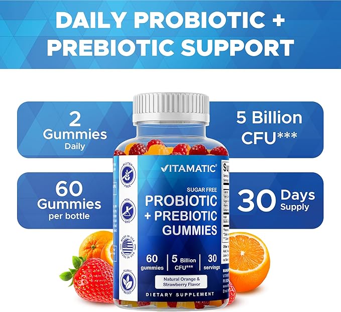 Vitamatic Sugar Free Probiotic Gummies for Men and Women – 5 Billion CFUs - 60Gummies per Bottle | 2 Pack (120 Gummies) Digestive, Immune & Gut Health Support – Gluten Free